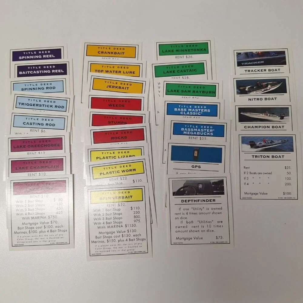 1998 Bass Fishing Monopoly Game Replacement Pieces  Vintage Property‎ Deeds Dice